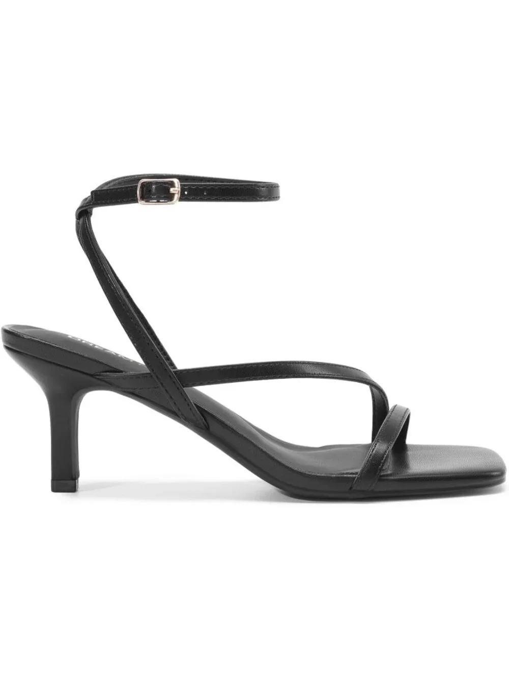 Women's Black Faux Leather Low Kitten Heels Open Square Toe Ankle Strap Sandals